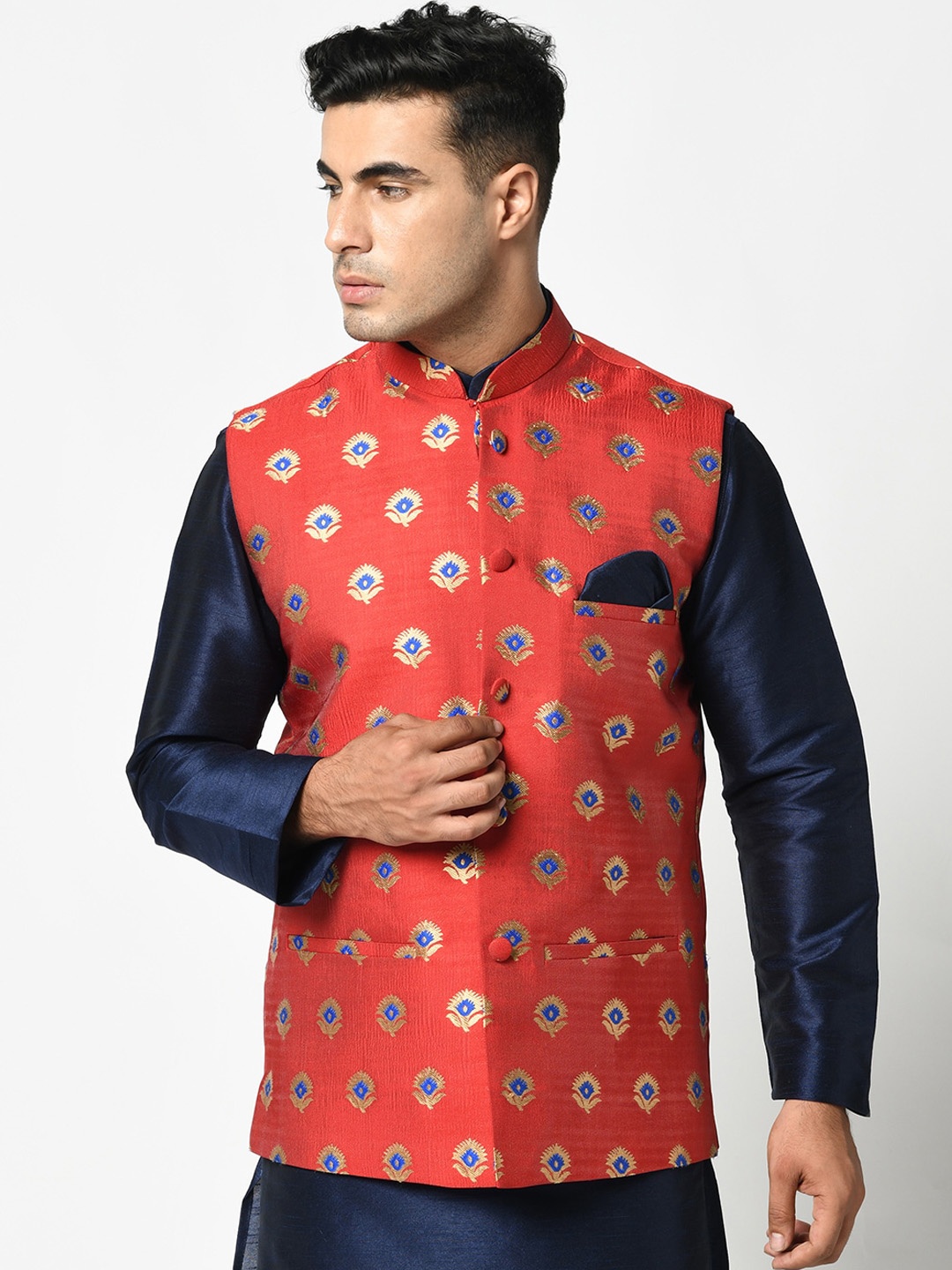 DEYANN Men Red Woven Design Silk Blend Nehru Jacket