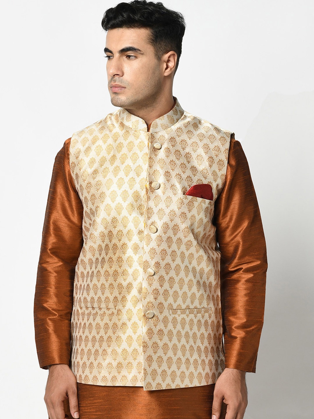 

DEYANN Men Cream-Coloured & Golden Woven Design Nehru Jacket