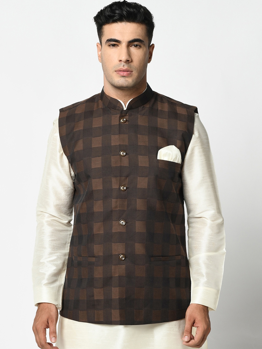 

DEYANN Men Brown Checked Nehru Jacket