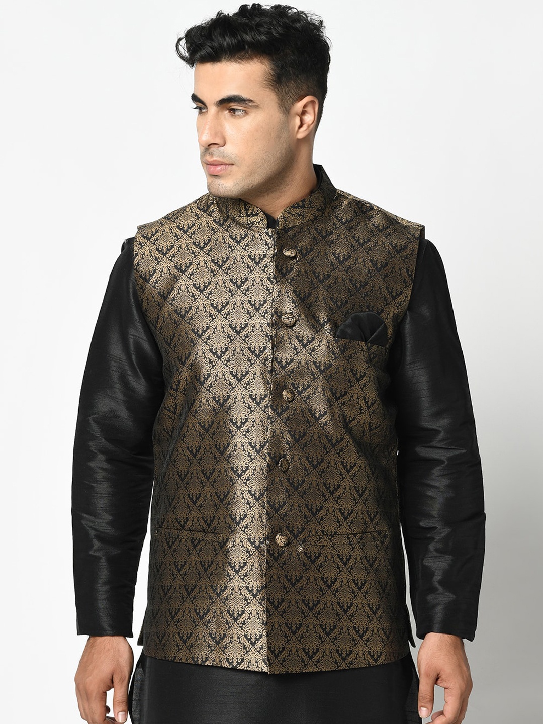 DEYANN Men Black & Gold-Toned Ethnic Motifs Nehru Jacket