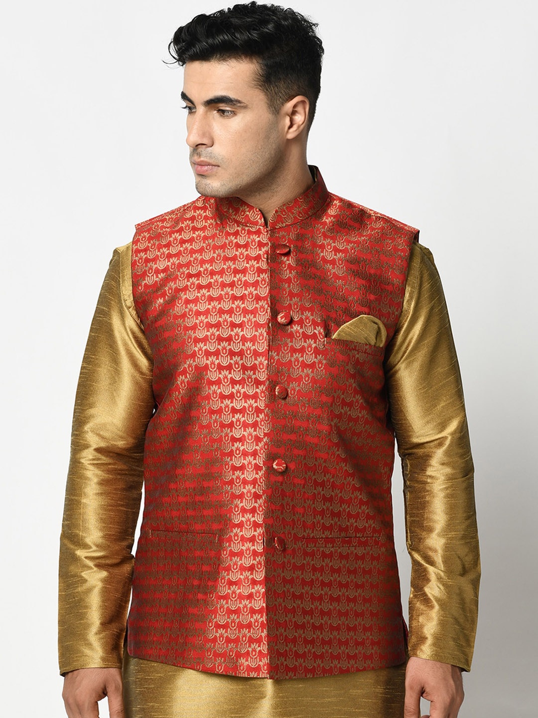 

DEYANN Men Red & Gold-Colored Woven-Design Nehru Jacket