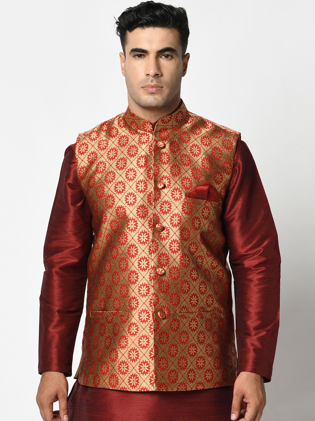 

DEYANN Men Red & Golden Woven Design Nehru Jacket