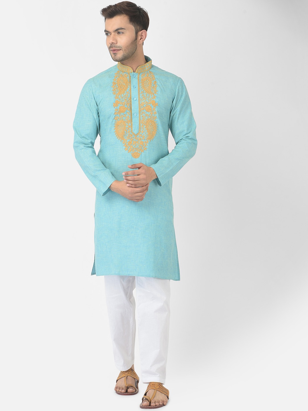 

DEYANN Men Blue Patchwork Pure Cotton Kurta with Pyjamas