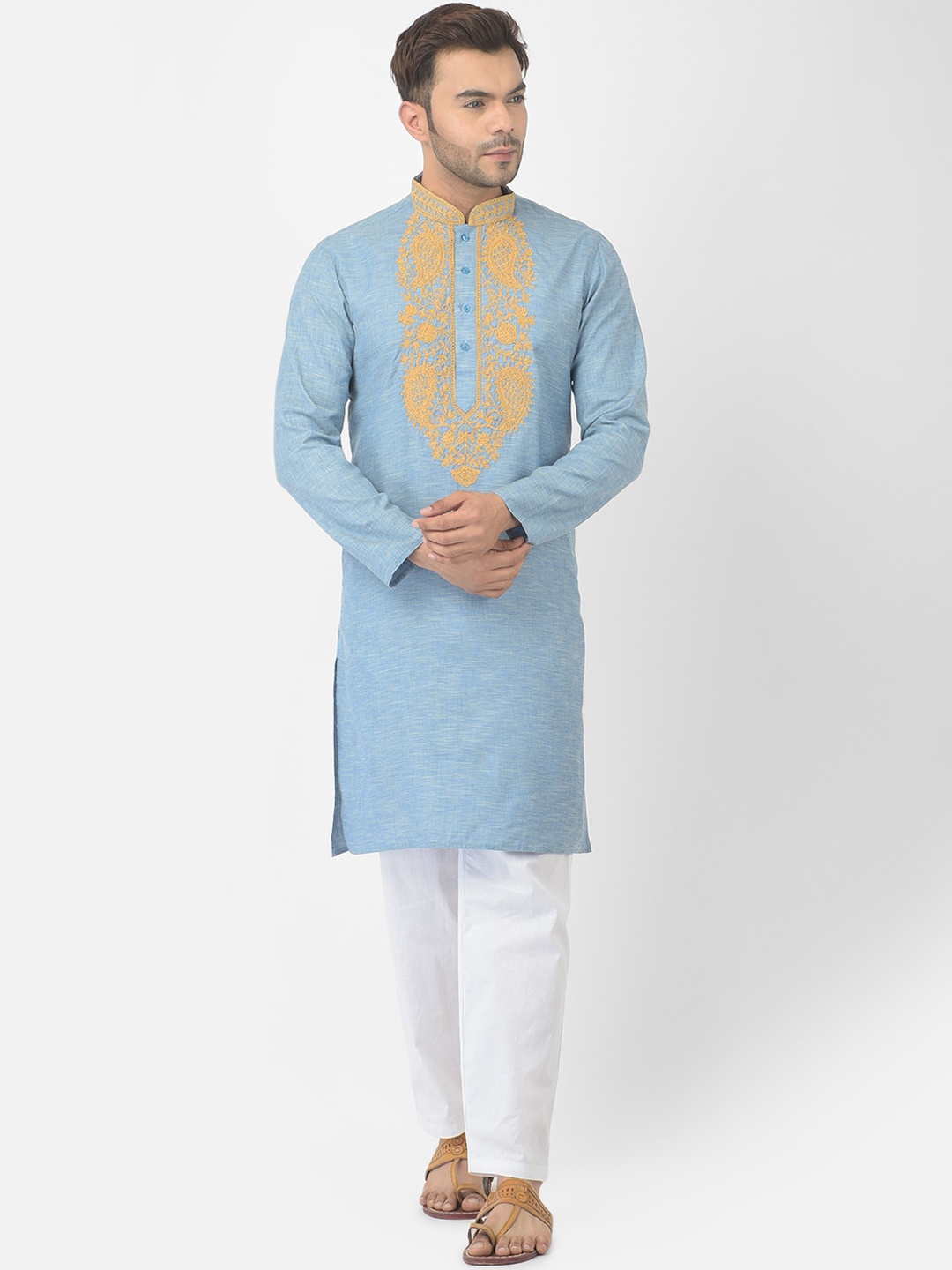 

DEYANN Men Blue & Mustard Yellow Embroidered Pure Cotton Kurta with Trousers