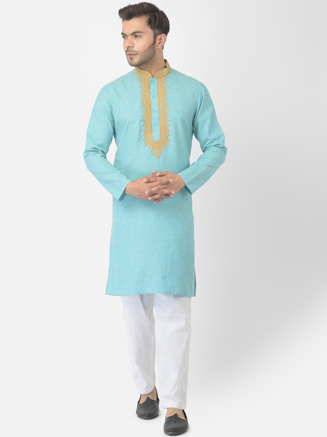 

DEYANN Men Blue Ethnic Motifs Embroidered Angrakha Pure Cotton Kurta with Pyjamas