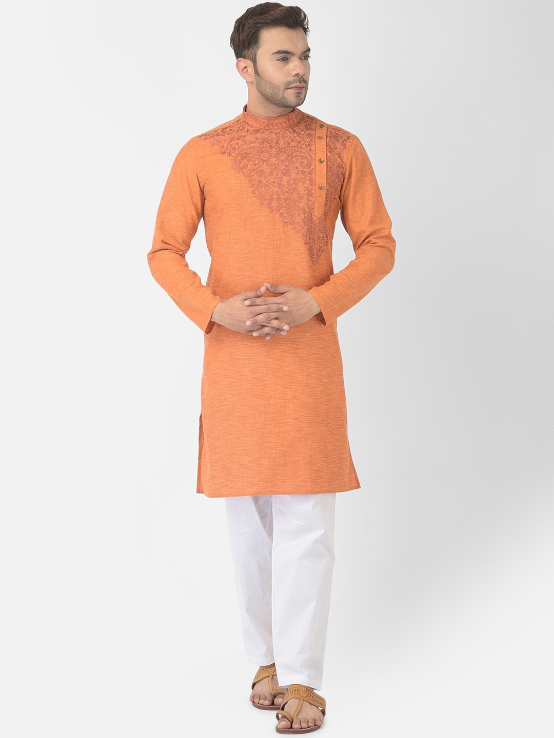

DEYANN Men Orange & White Embroidered Angrakha Pure Cotton Kurta with Trousers