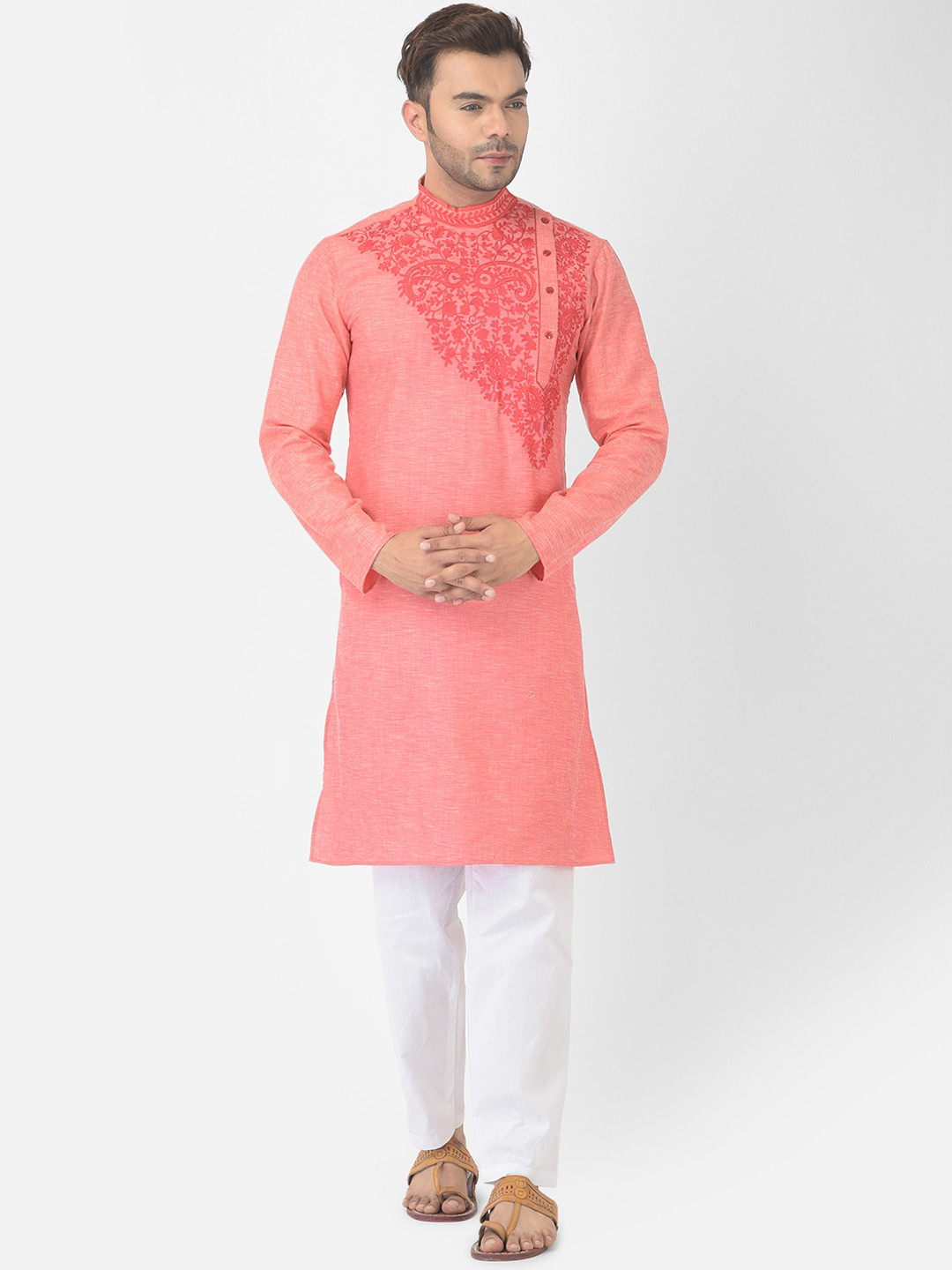 

DEYANN Men Pink Floral Embroidered Angrakha Pure Cotton Kurta with Trousers