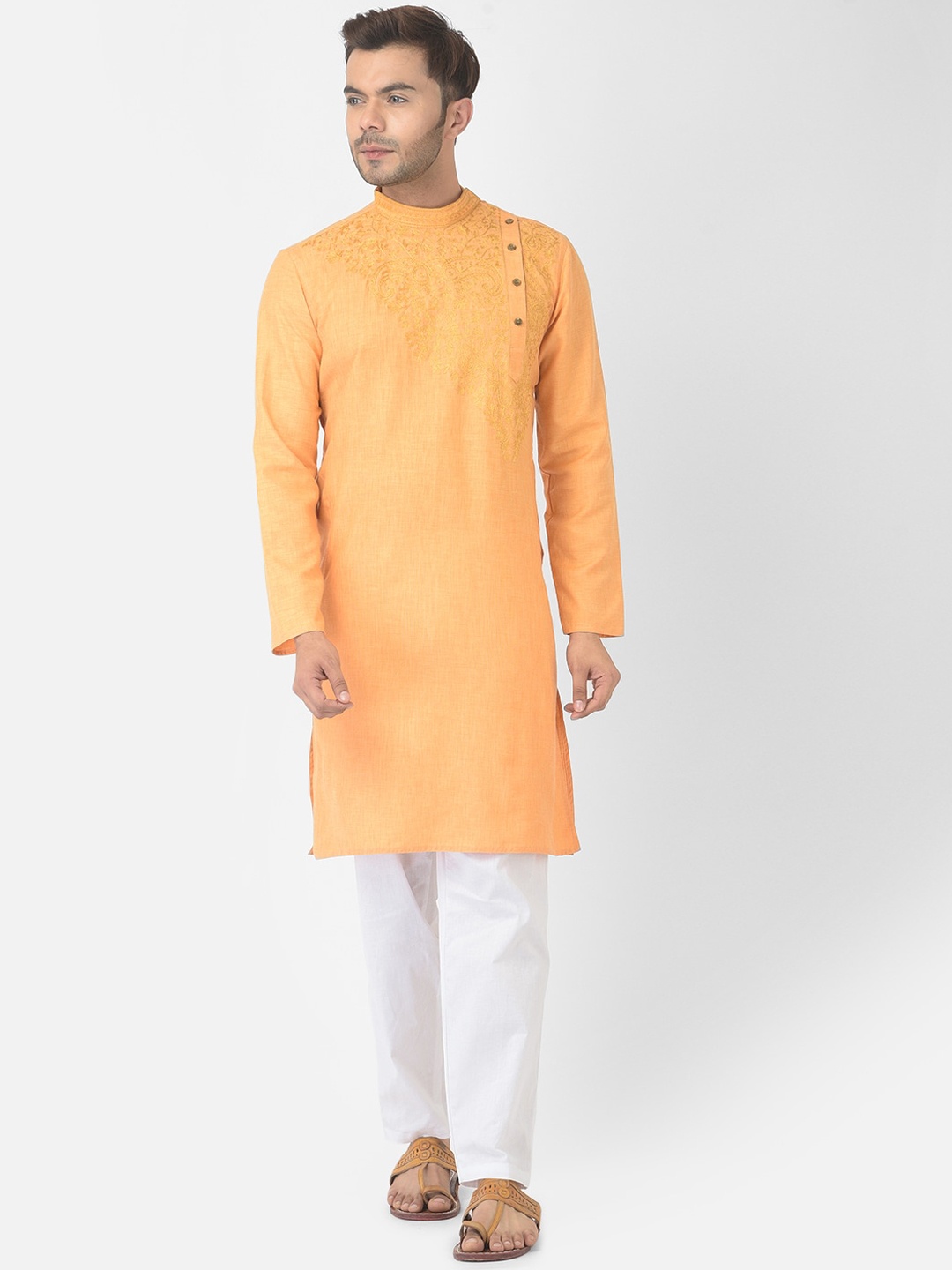 

DEYANN Men Yellow Angrakha Pure Cotton Kurta with Pyjamas