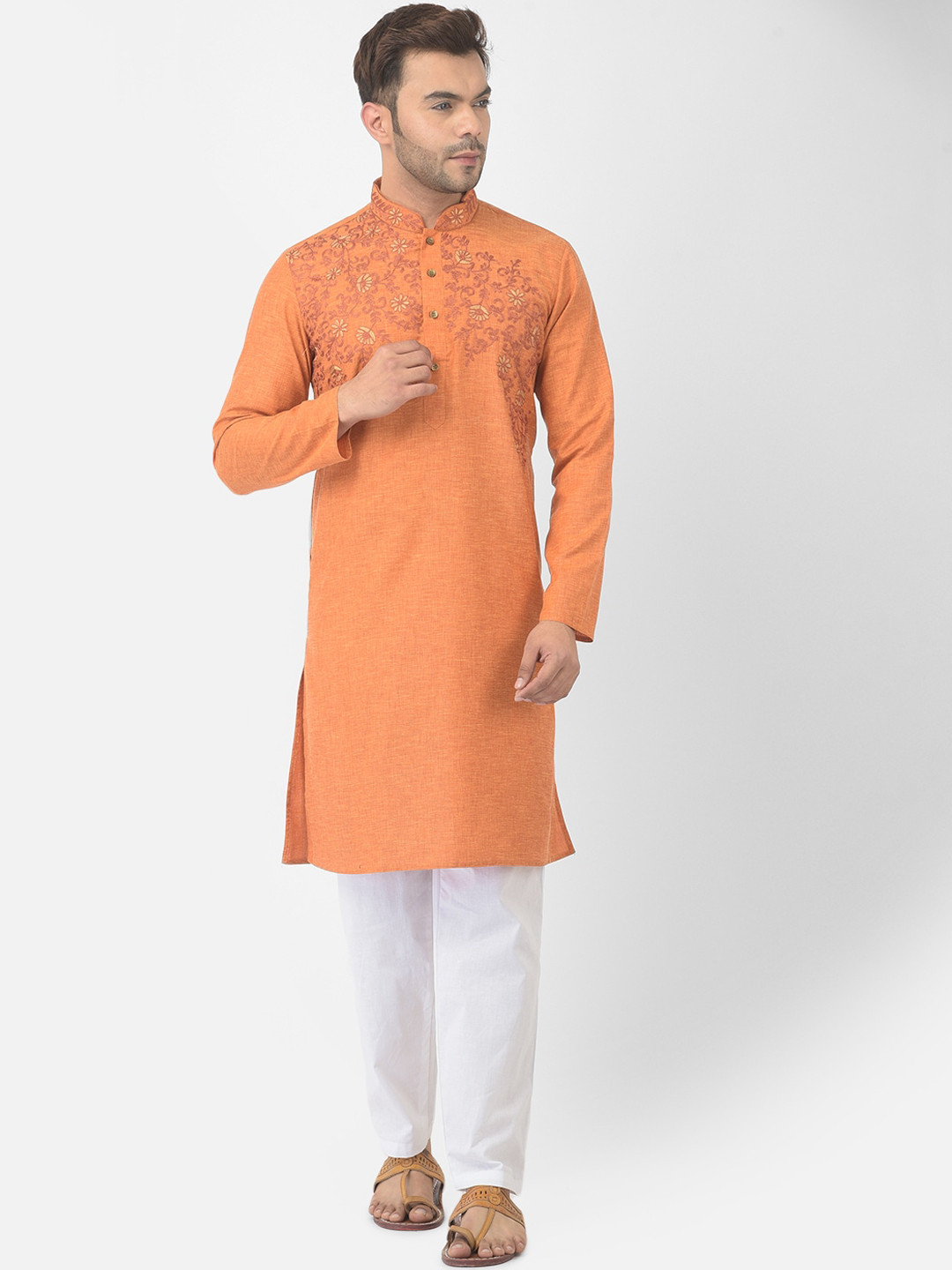 

DEYANN Men Orange & White Solid Pure Cotton Kurta with Trouser Set
