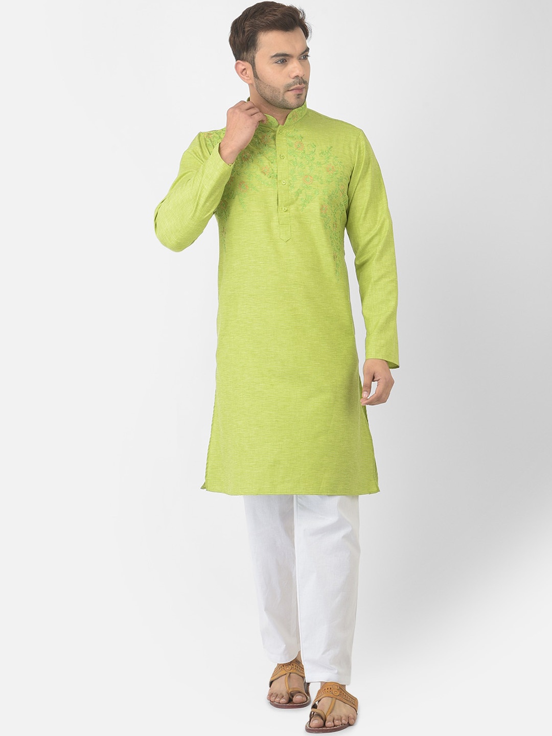

DEYANN Men Lime Green & White Embroidered Pure Cotton Kurta with Trousers