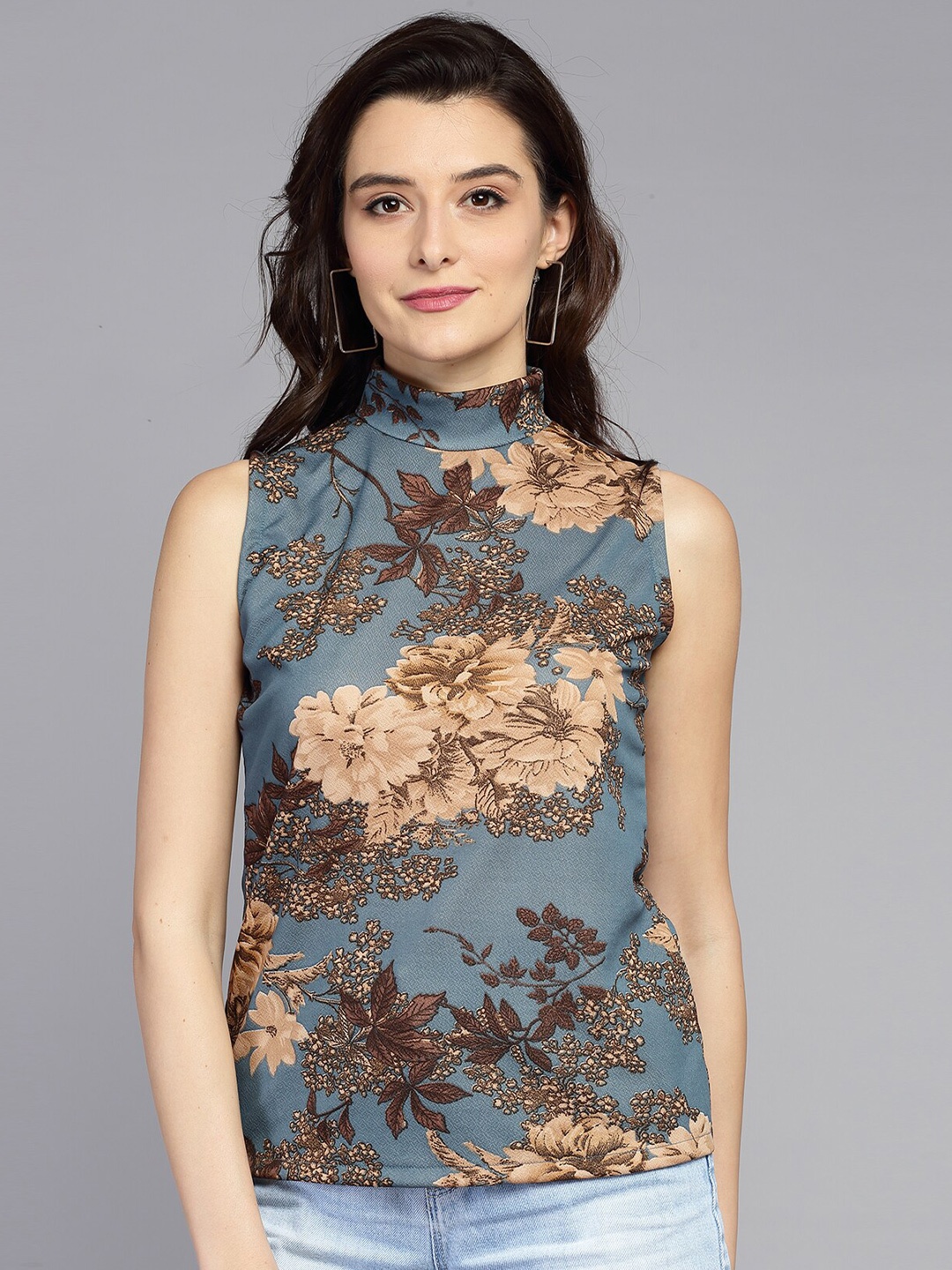 

Darzi Blue & Beige Floral Printed Top