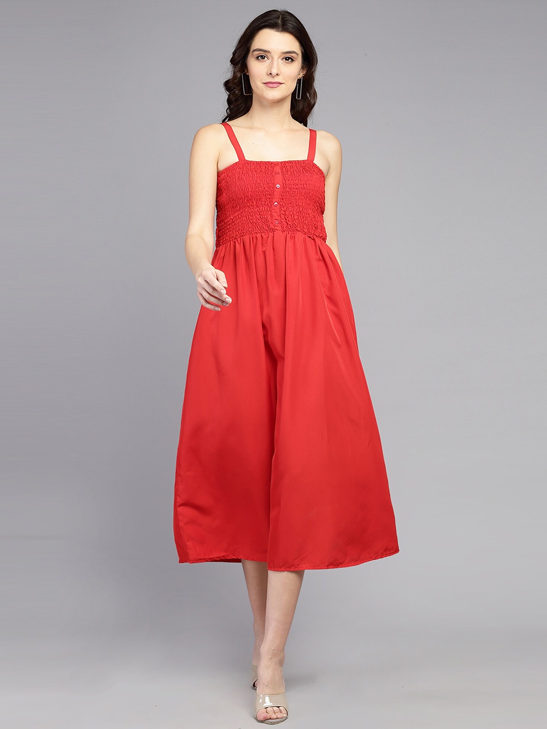 

Darzi Red Smocked Fit & Flare Midi Dress