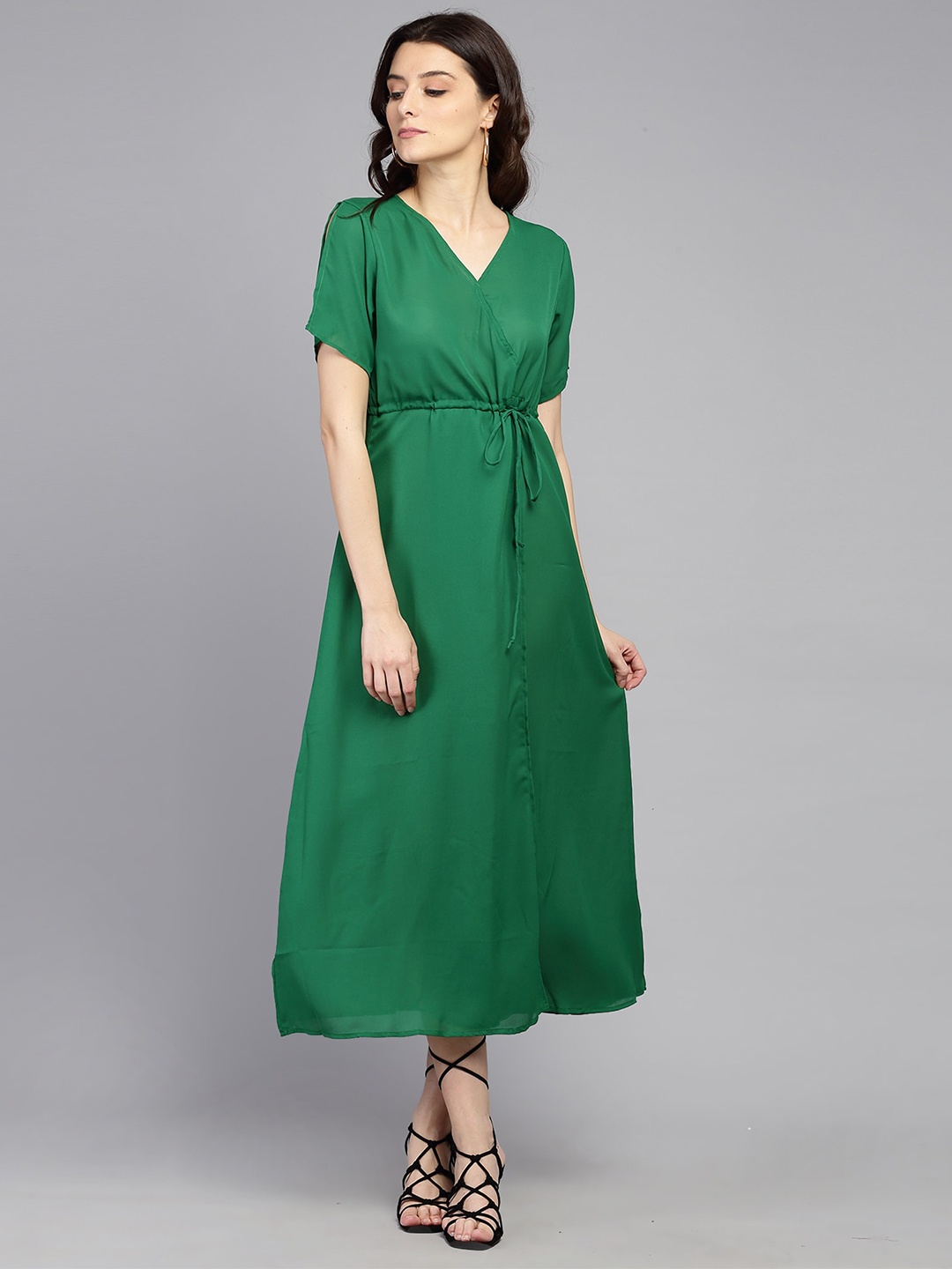 

Darzi Green Crepe V Neck Maxi Midi Dress