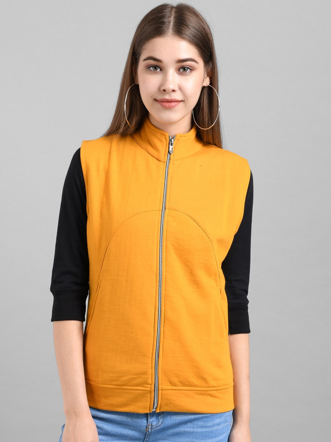 

Darzi Women Yellow Black Fleece Open Front Jacket