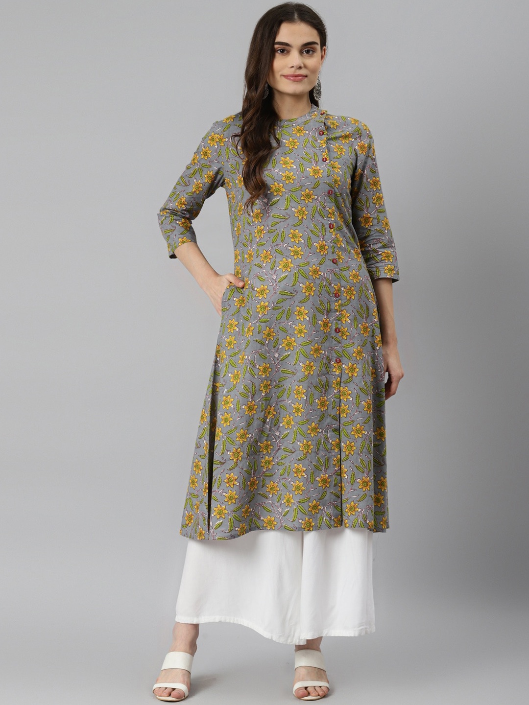 

DESI BEATS Women Grey & Yellow Floral Printed Keyhole Neck Pure Cotton Kurta