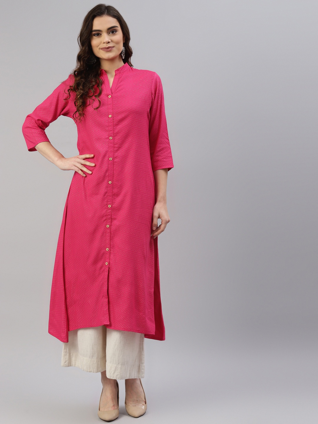 

DESI BEATS Women Fuchsia & Gold-Toned Chevron Kurta