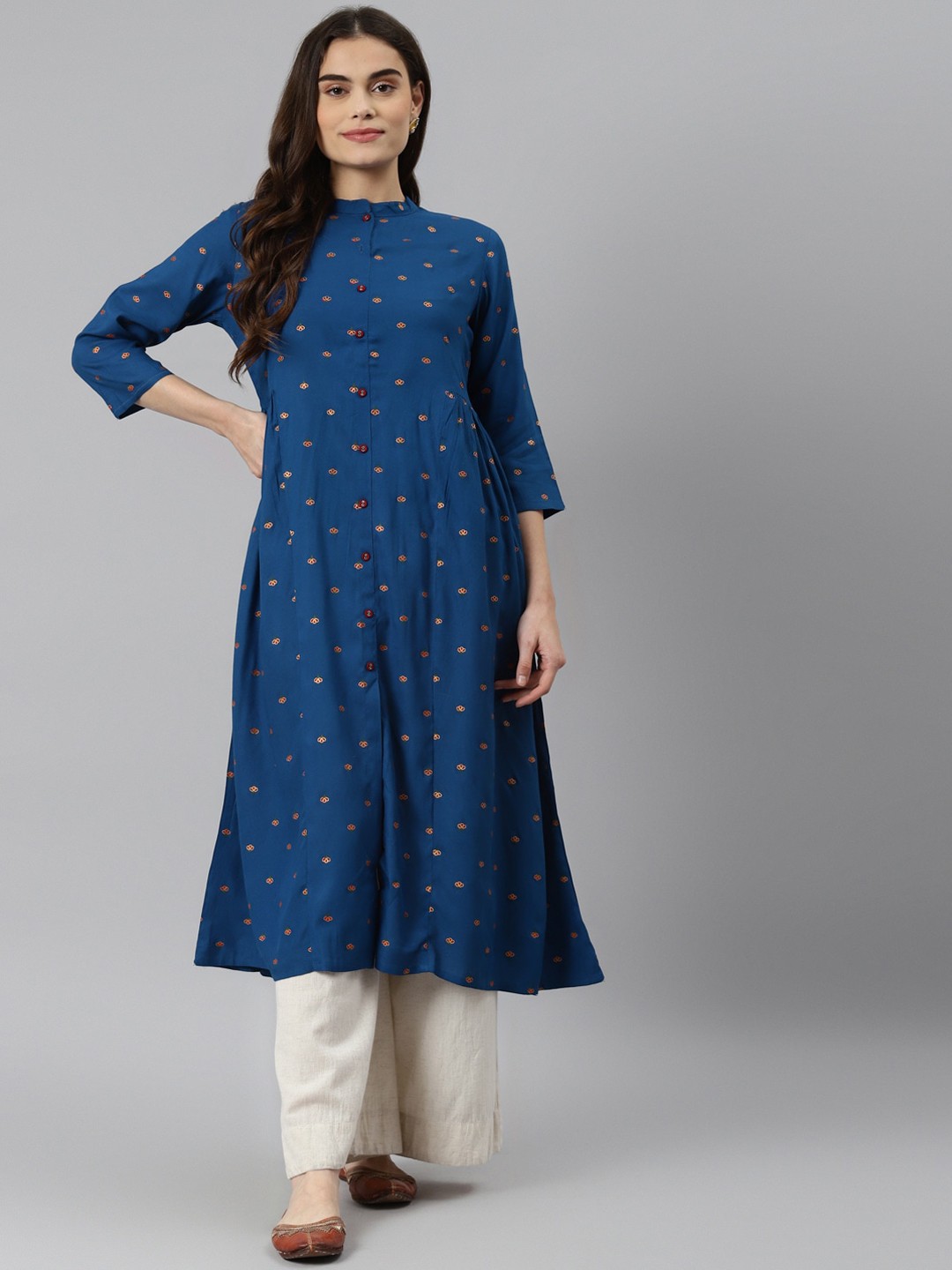 

DESI BEATS Women Blue Geometric Printed Flared Sleeves Mirror Work Kurta