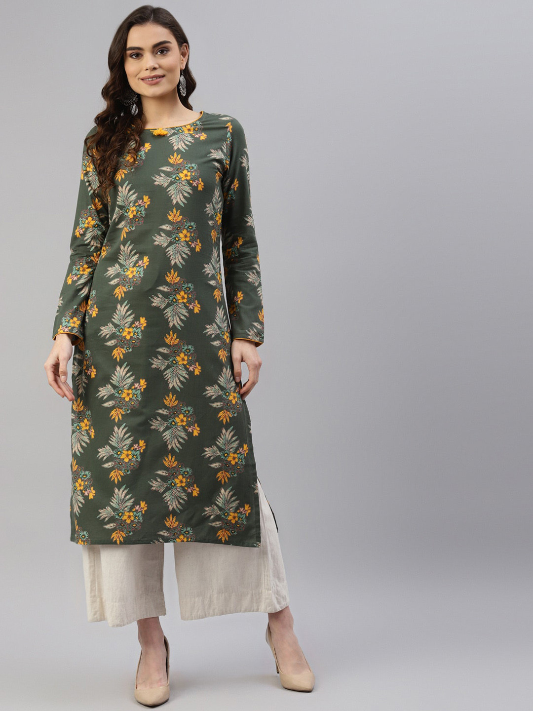 

DESI BEATS Women Olive Green Floral Printed Pure Cotton Kurta