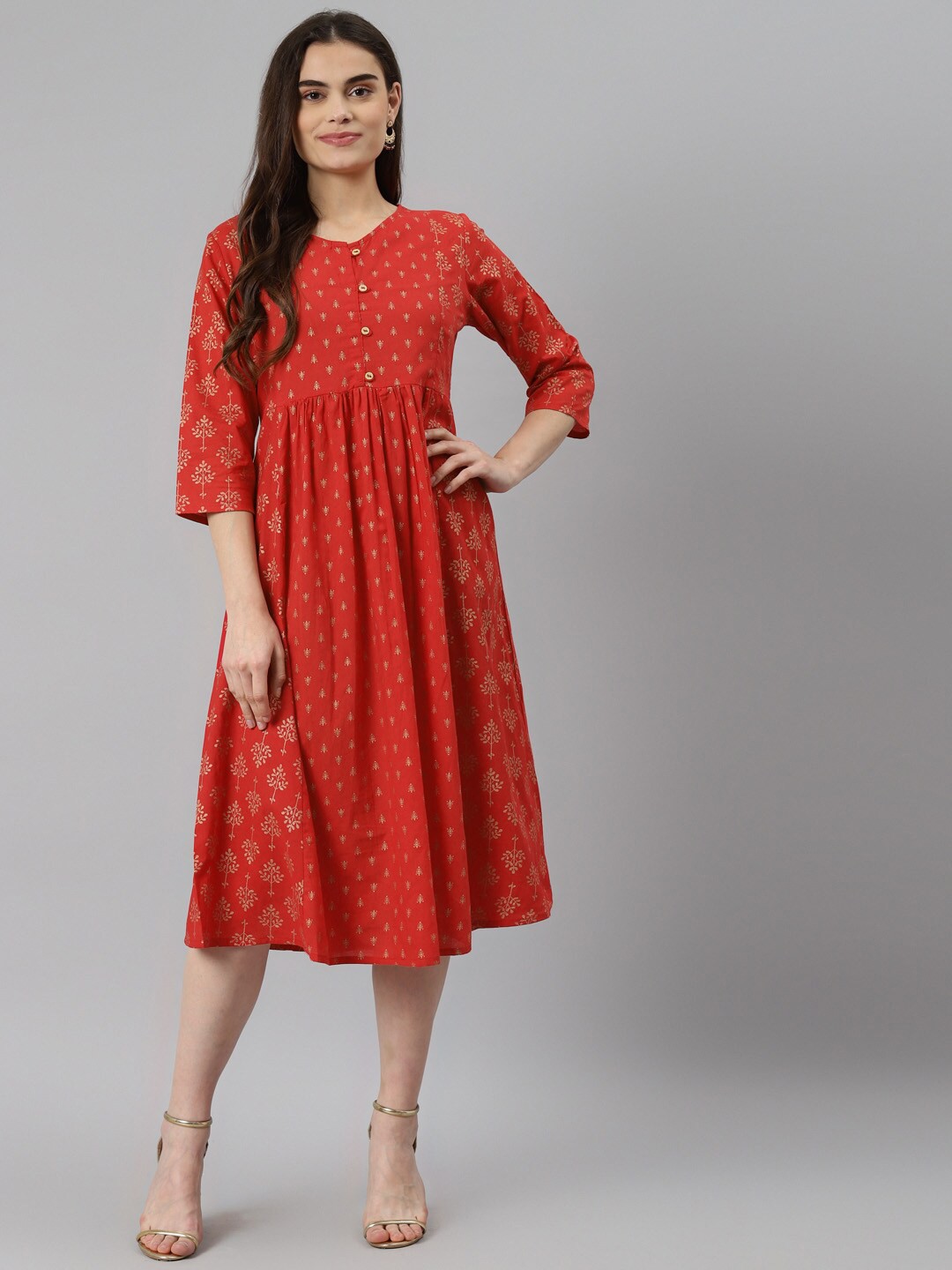 

DESI BEATS Red Ethnic Motifs Printed Cotton Empire Midi Dress
