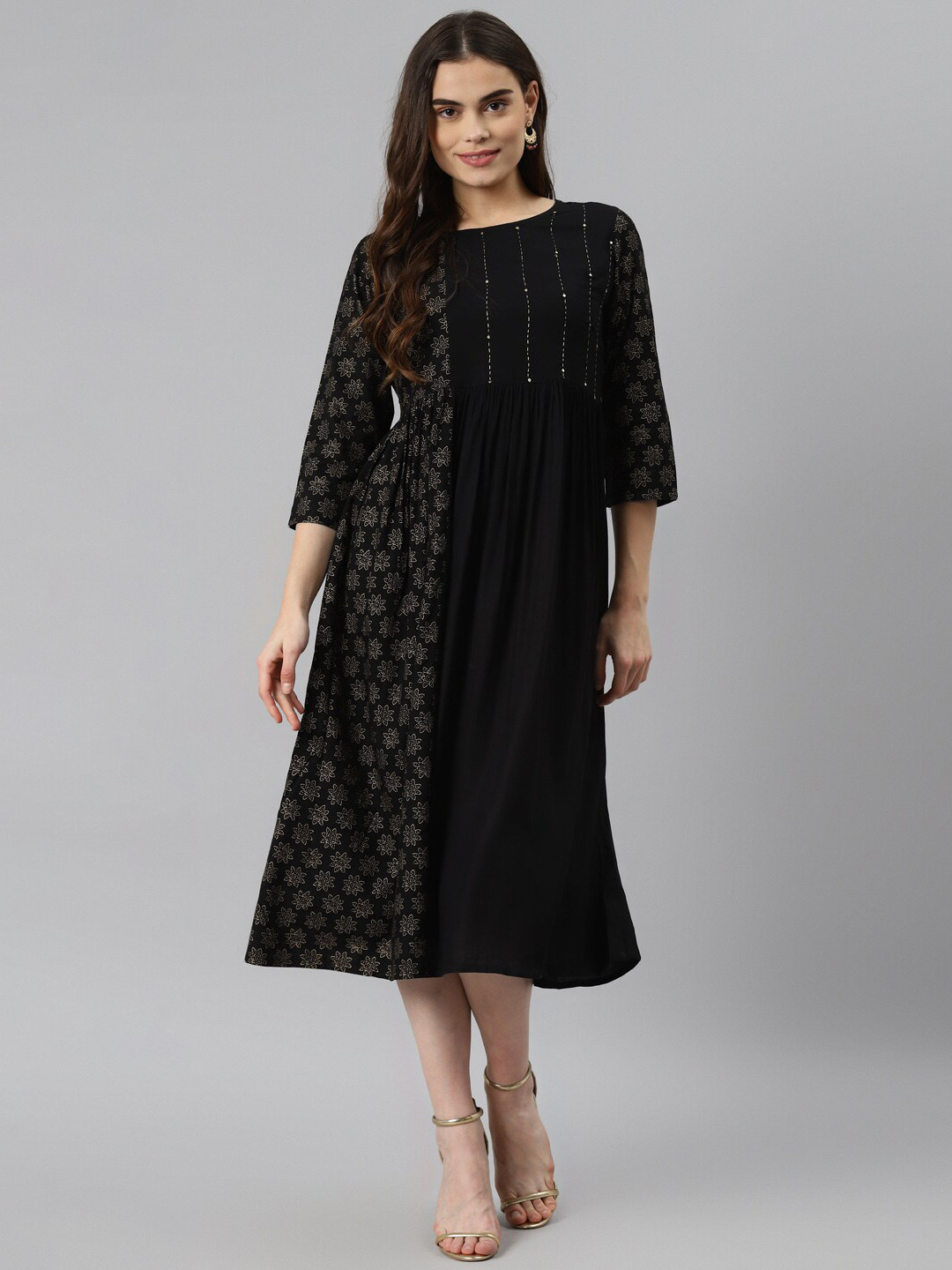 

DESI BEATS Black Floral A-Line Midi Dress
