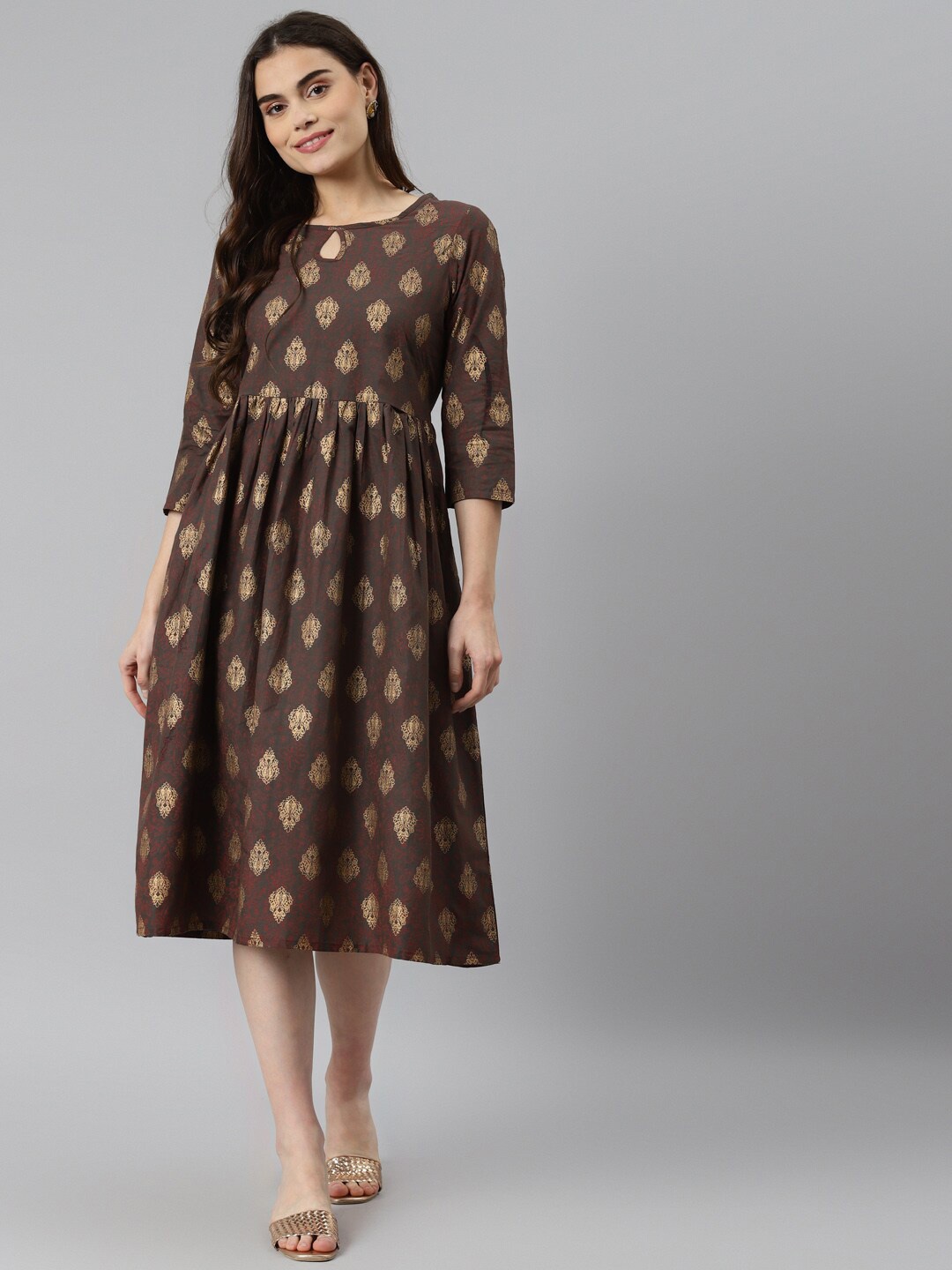 

DESI BEATS Grey & Golden Ethnic Motifs Printed Pure Cotton A-Line Midi Dress