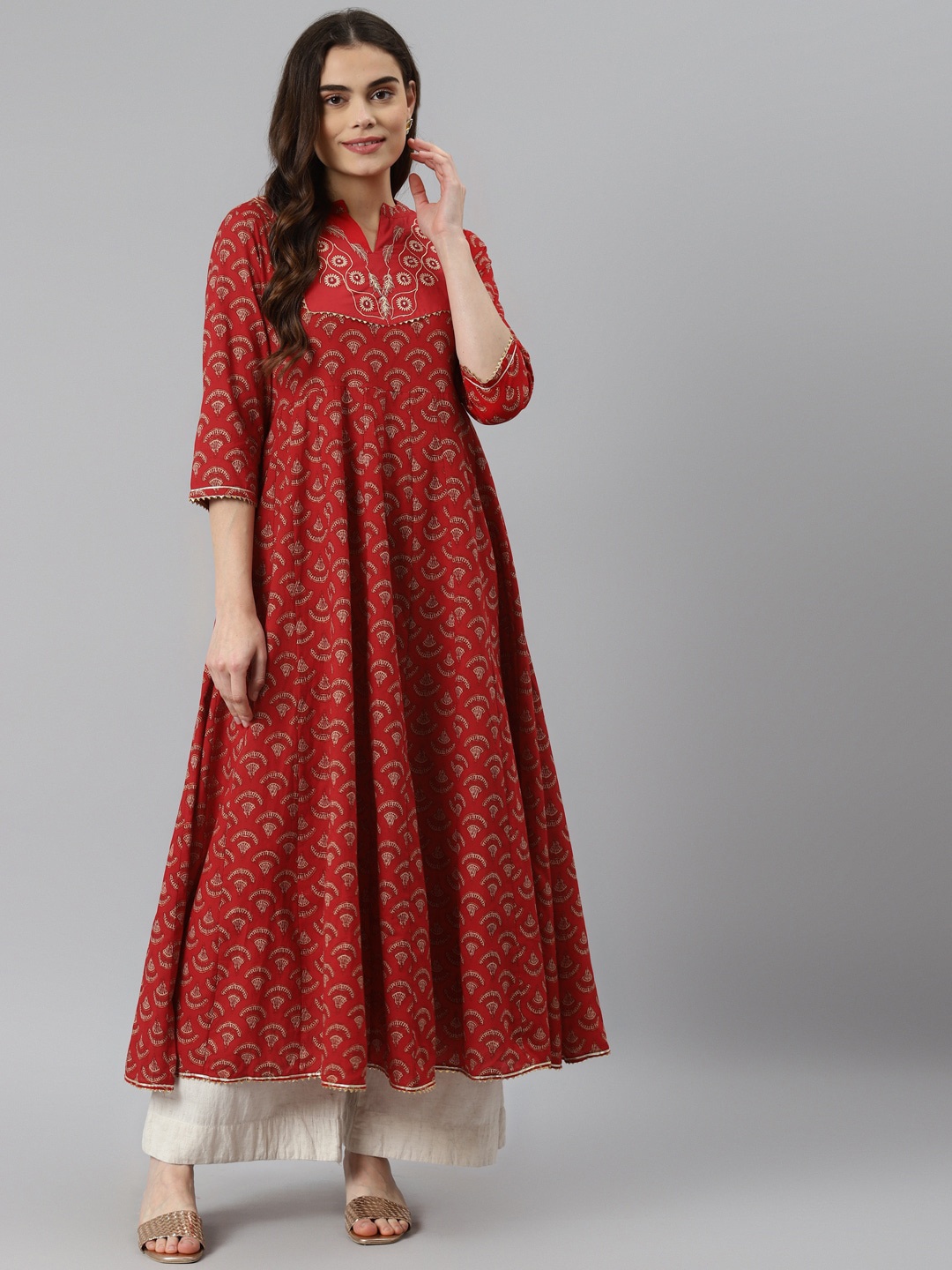 

DESI BEATS Women Red & Gold Ethnic Motifs Printed Cotton Anarkali Kurta