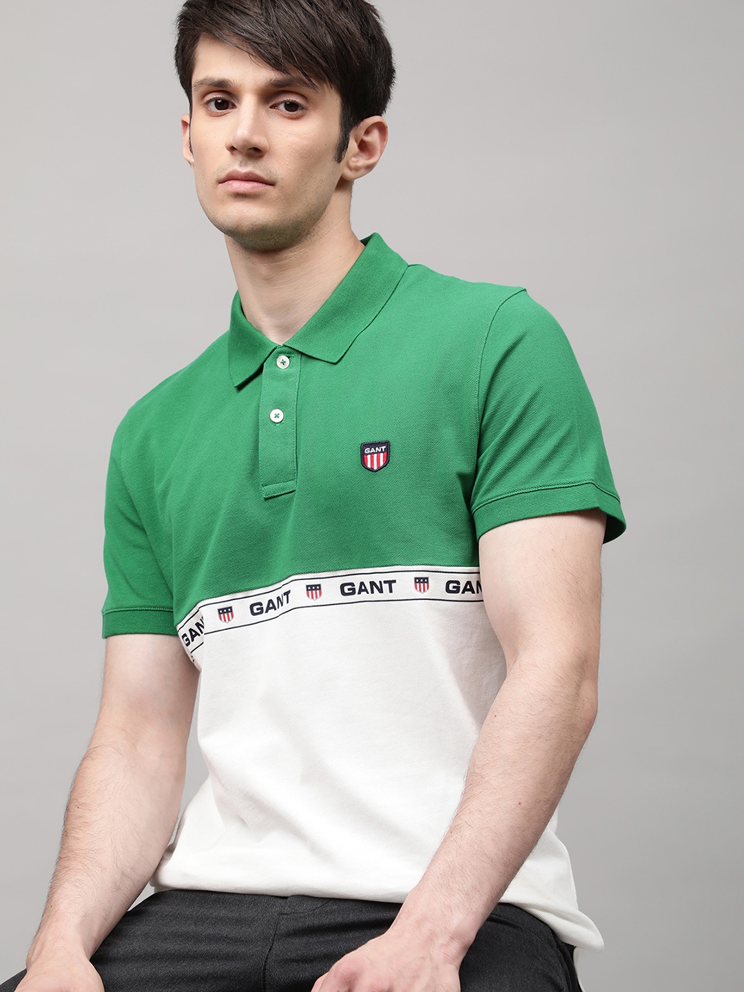 

GANT Men Green & White Colourblocked Polo Collar Cotton T-shirt