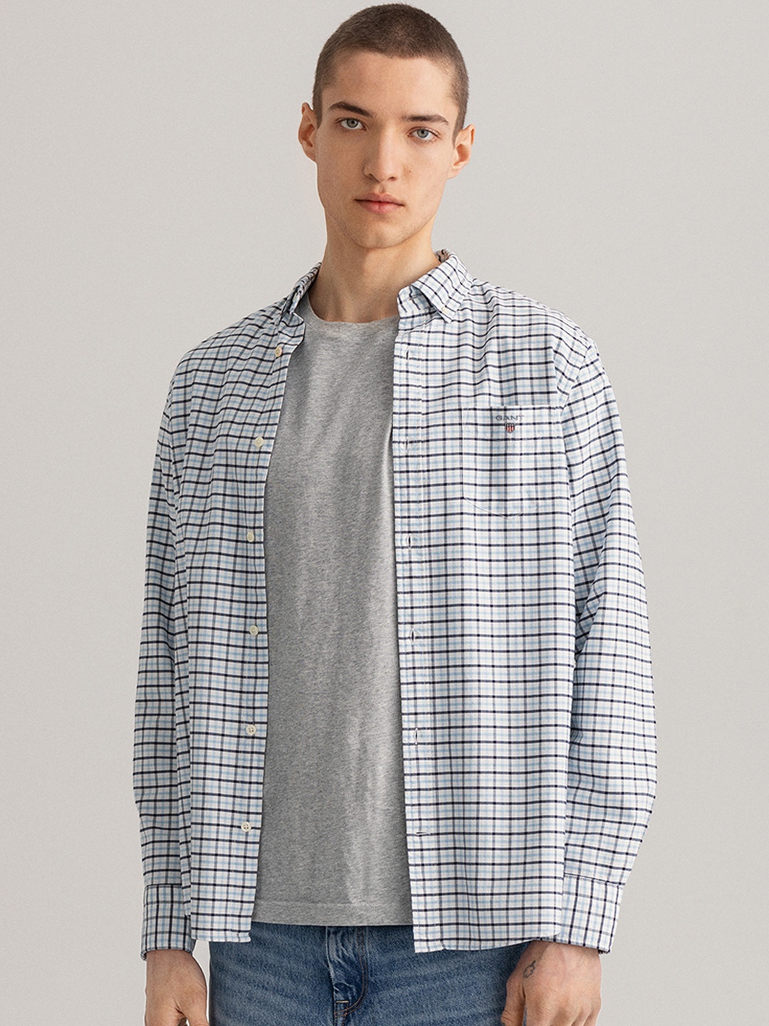 

GANT Men White & Blue Grid Tattersall Checked Button-Down Collar Cotton Casual Shirt