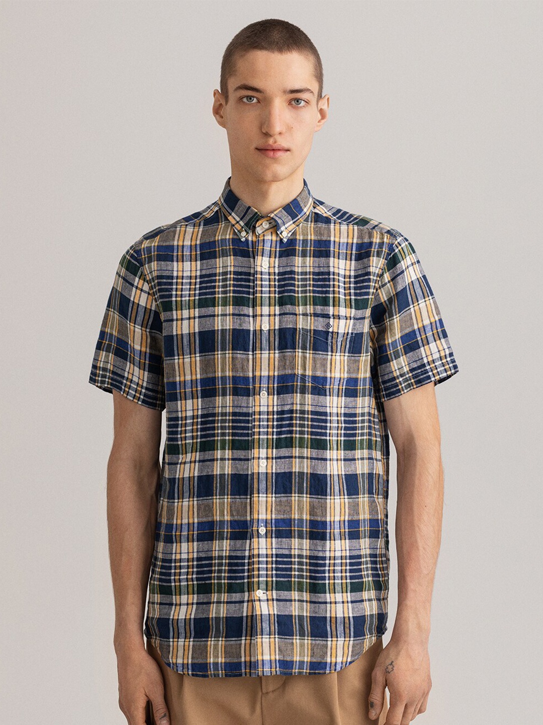 

GANT Men Blue & Yellow Tartan Checked Button-Down Collar Linen Casual Shirt