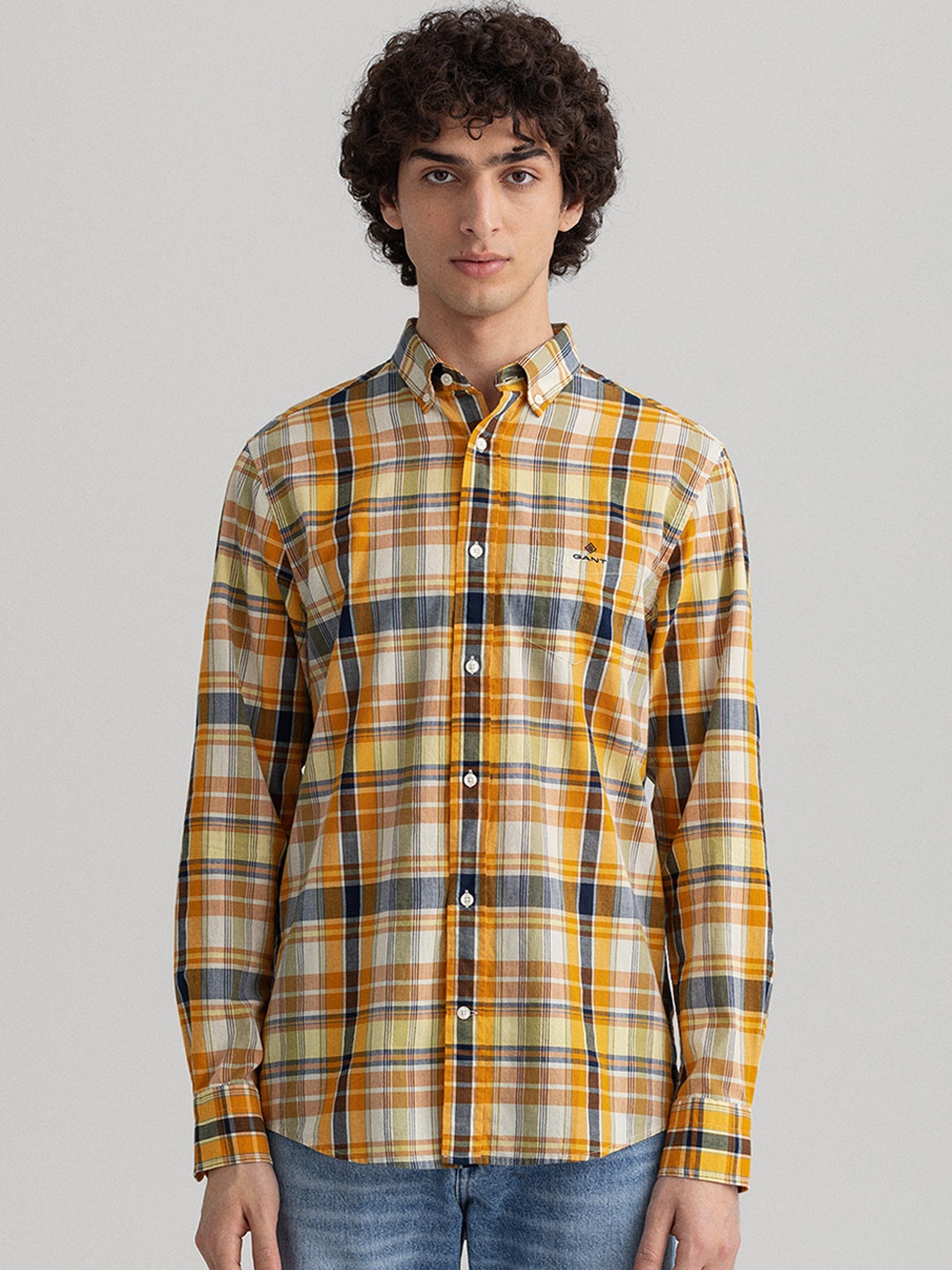 

GANT Men Yellow & White Tartan Checks Checked Regular Fit Cotton Casual Shirt