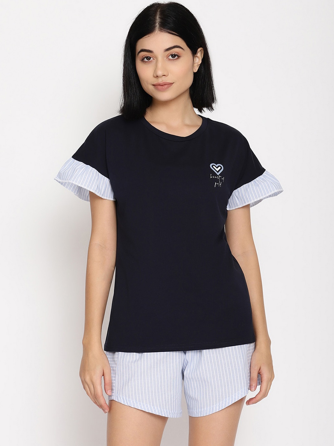 

COASTLAND Women Navy Blue & White Solid Pure Cotton Nightsuit