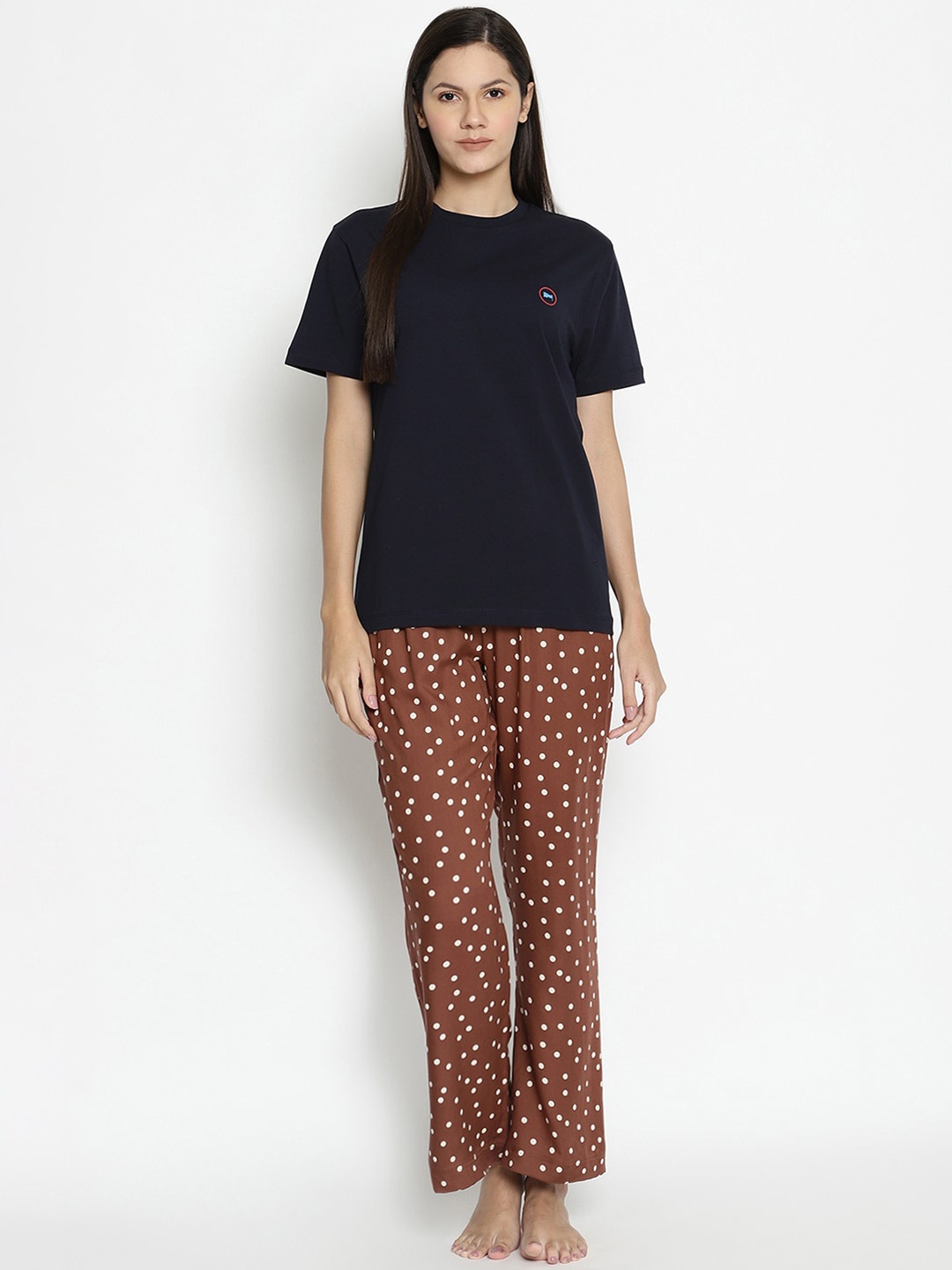 

COASTLAND Women Navy Blue & Brown Polka Dots Printed Night suit