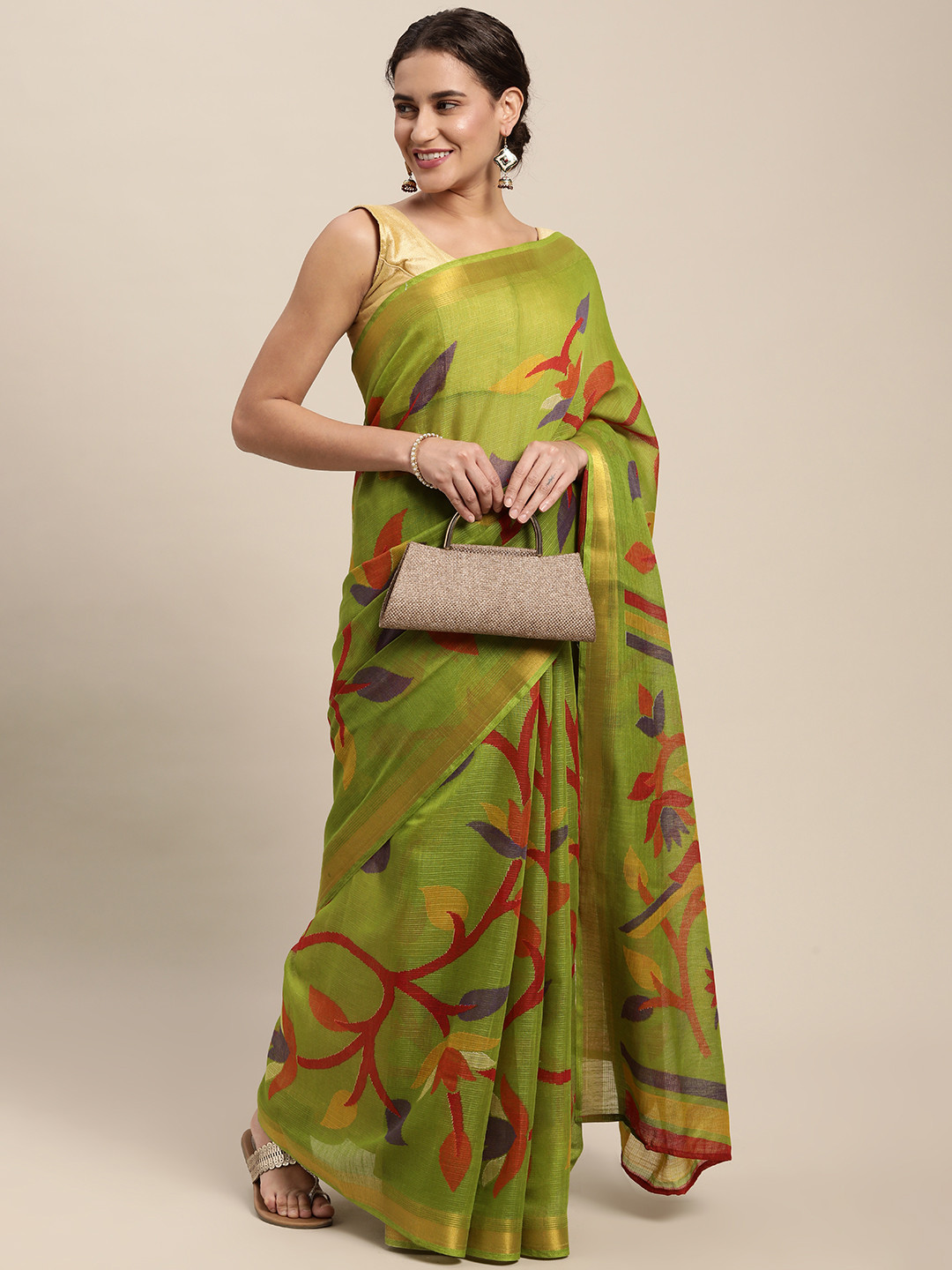 

KALINI Green & Red Floral Printed Saree with Blouse Piece