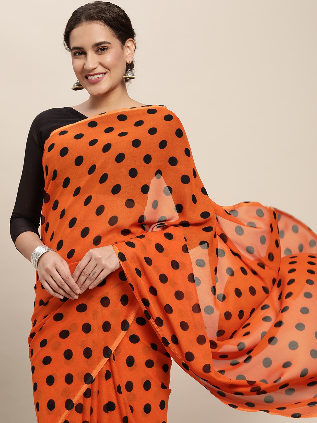 

KALINI Orange & Black Polka Dot Printed Saree with Blouse Piece