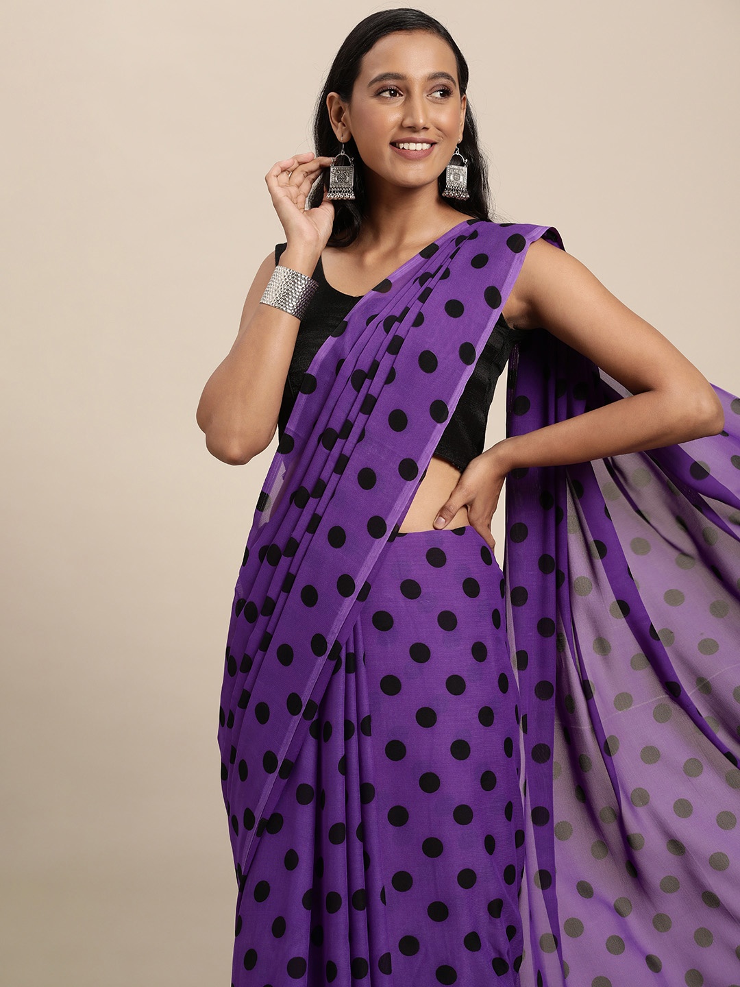 

KALINI Purple & Black Polka Dot Printed Saree with Blouse Piece