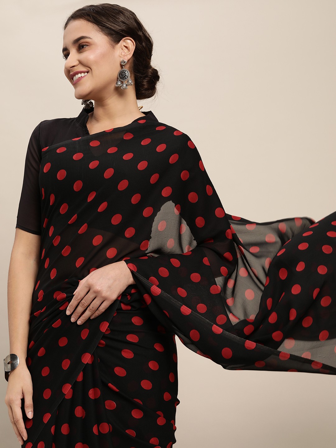 

KALINI Black & Red Polka Dot Print Saree