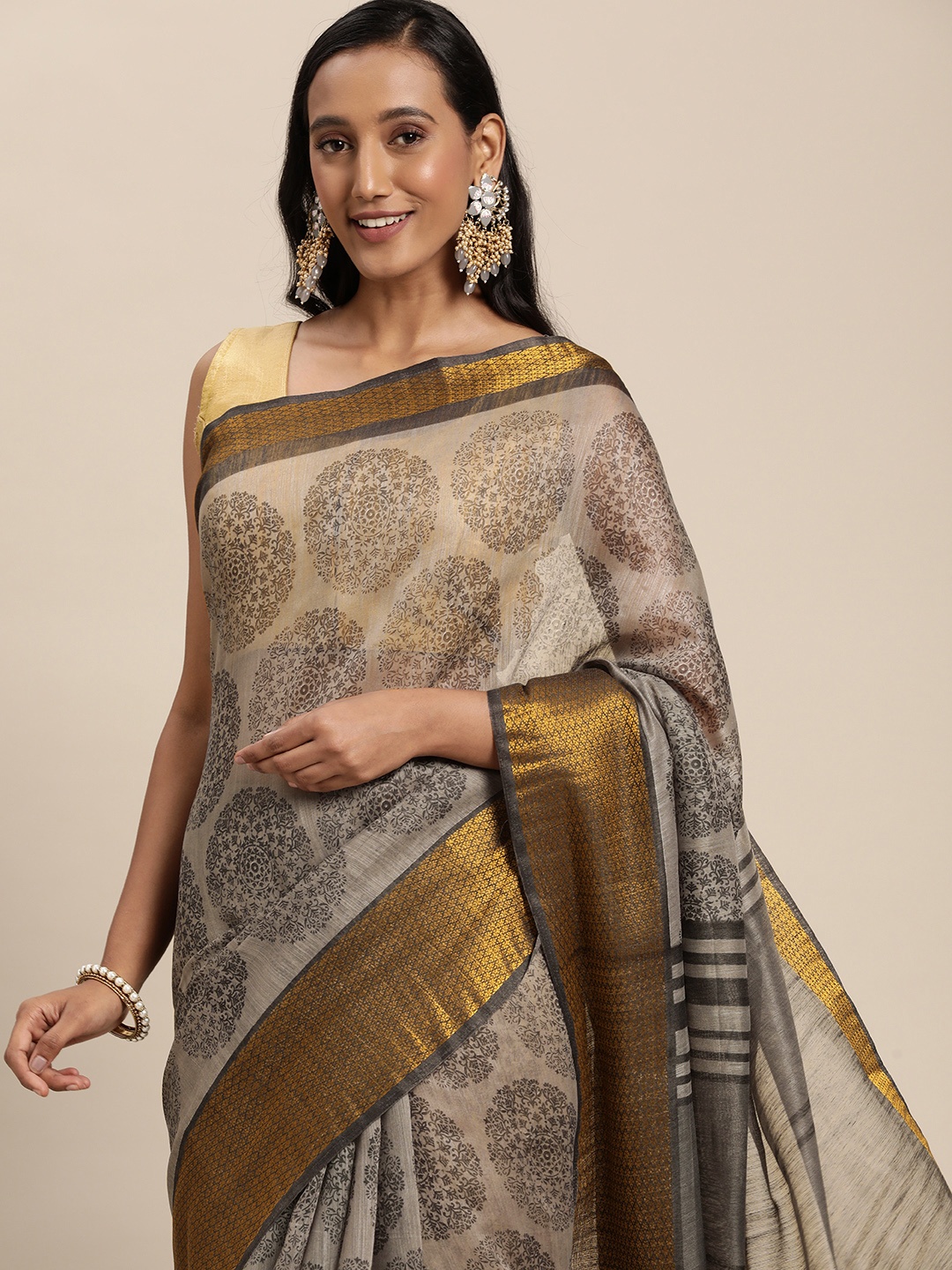 

KALINI Grey Ethnic Motifs Block Print Saree