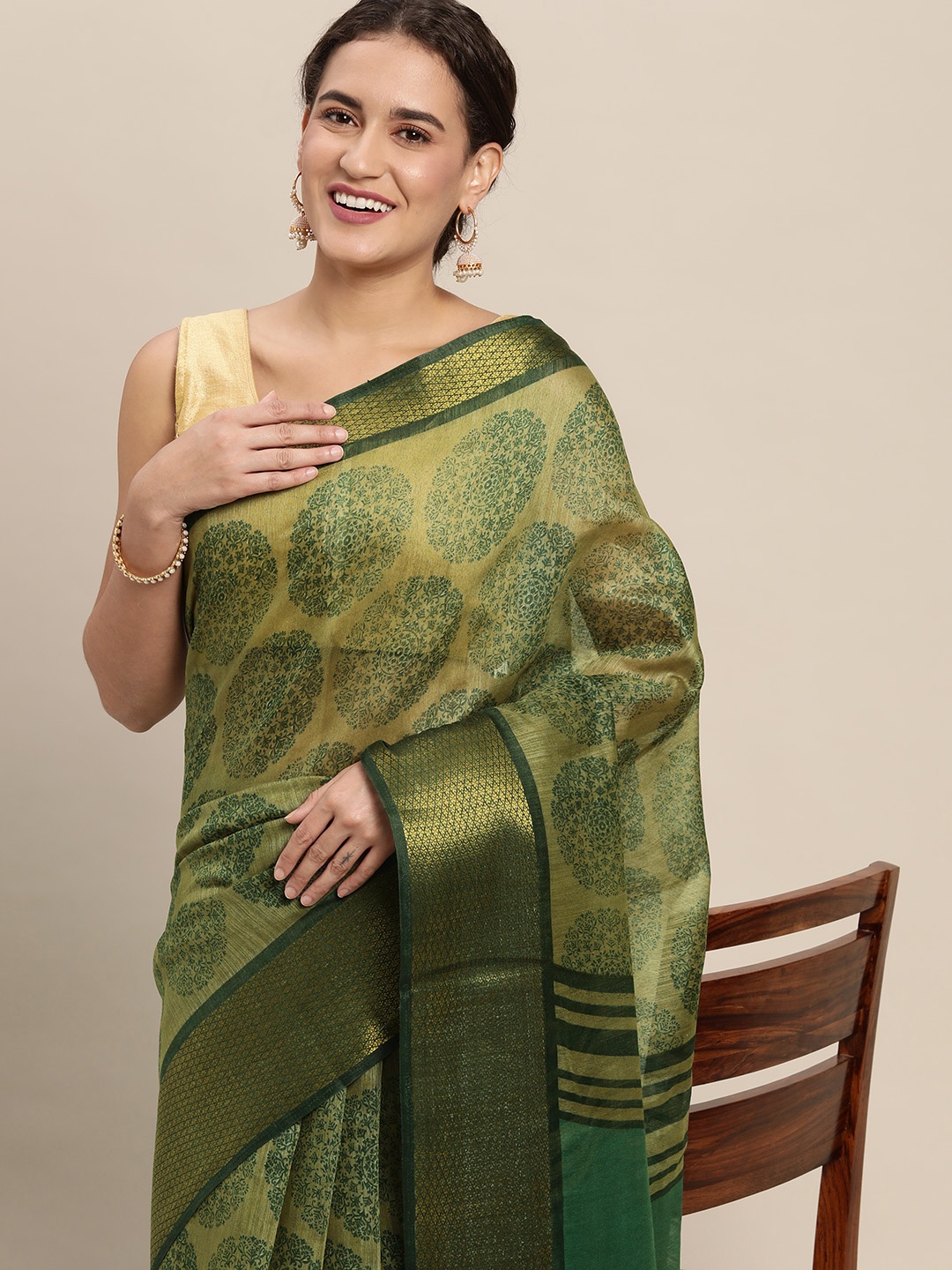 

KALINI Green Ethnic Motifs Block Print Saree