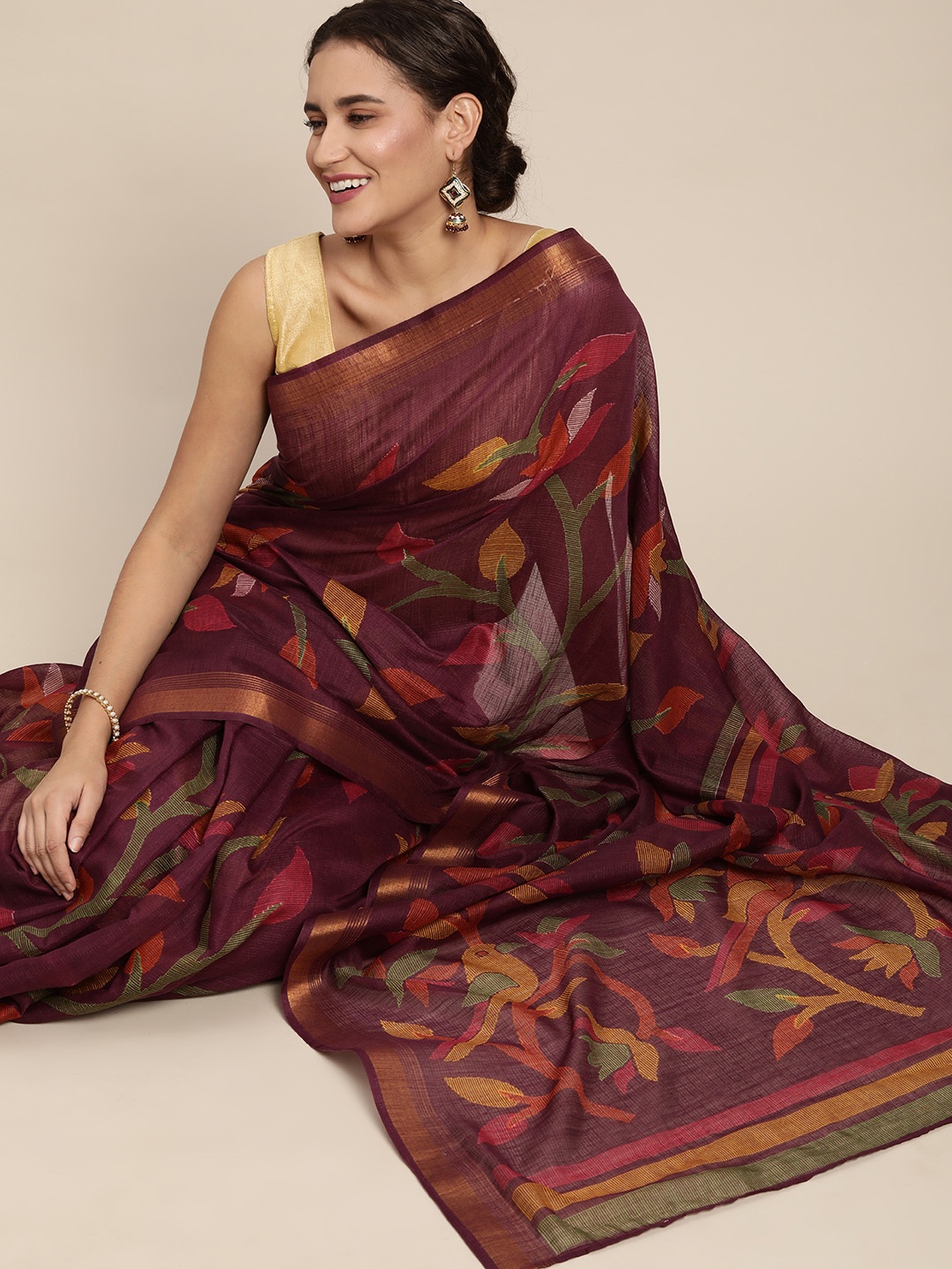 

KALINI Purple & Green Floral Printed Saree with Blouse Piece