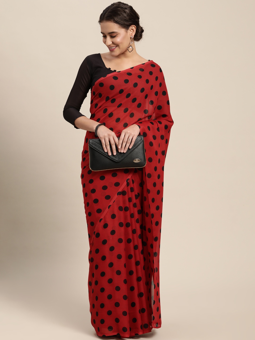 

KALINI Red & Black Polka Dots Printed Saree with Blouse Piece