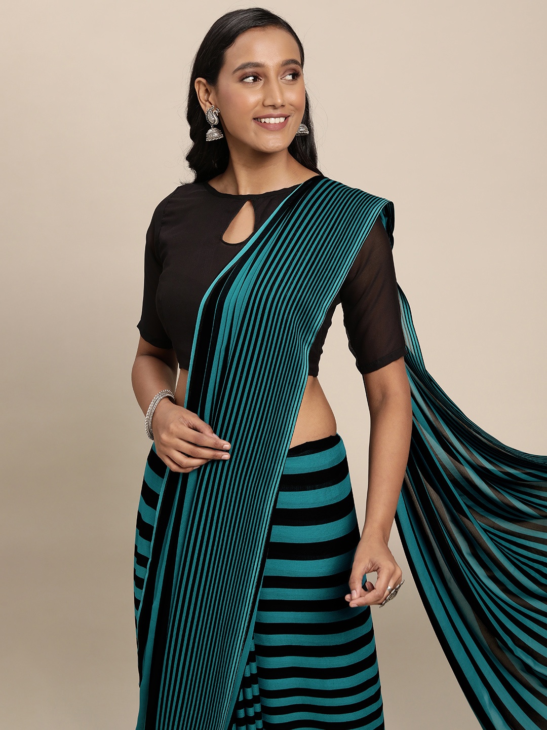 

KALINI Blue & Black Striped Saree