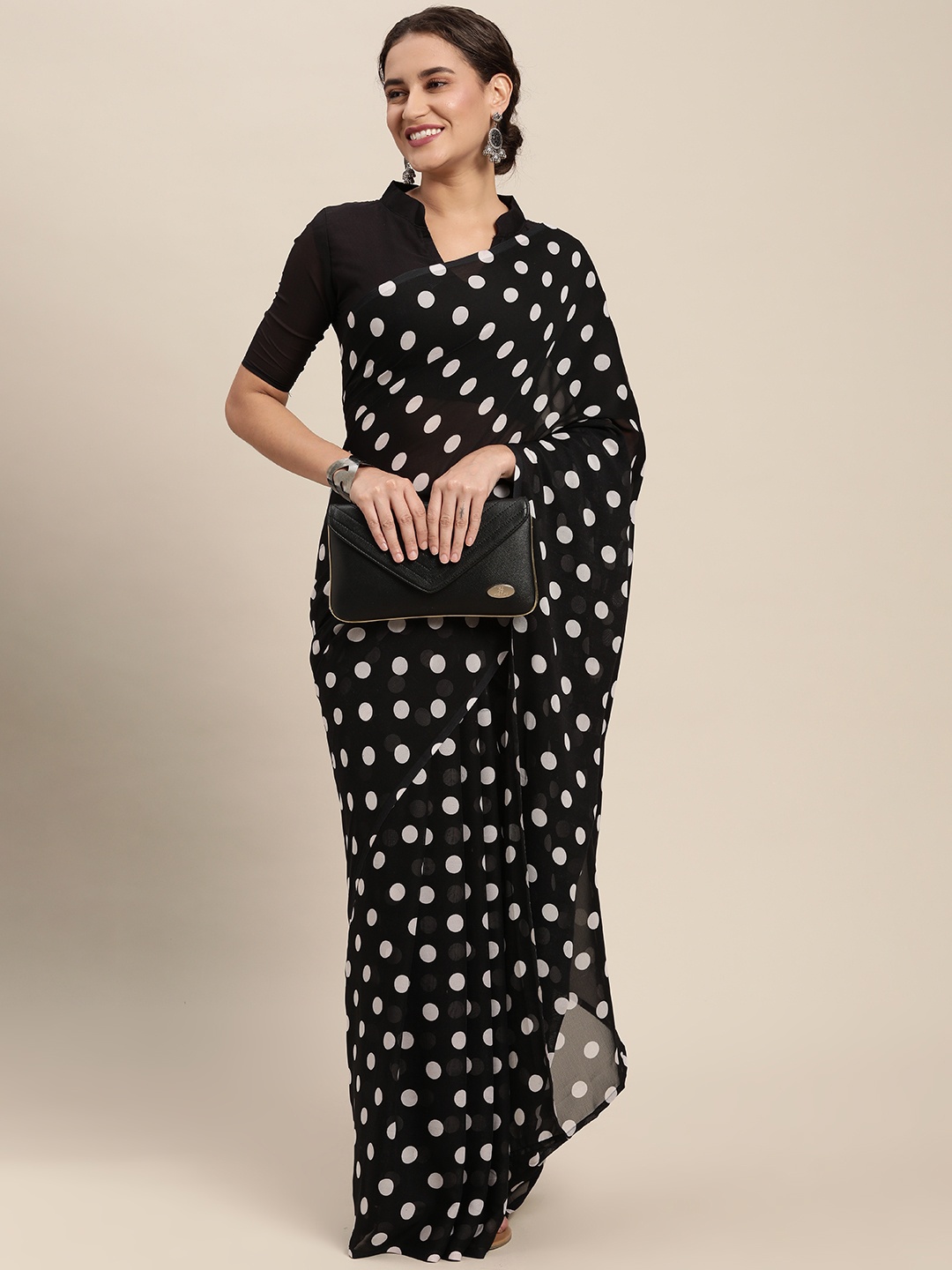 

KALINI Black & White Polka Dot Print Saree
