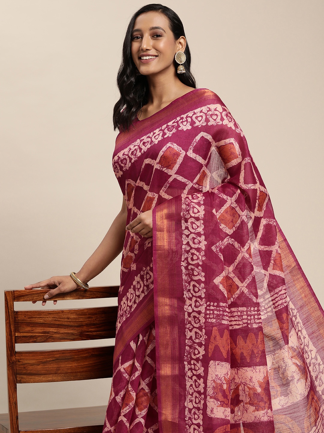 

KALINI Purple & Off White Ethnic Motifs Print Saree with Blouse Piece