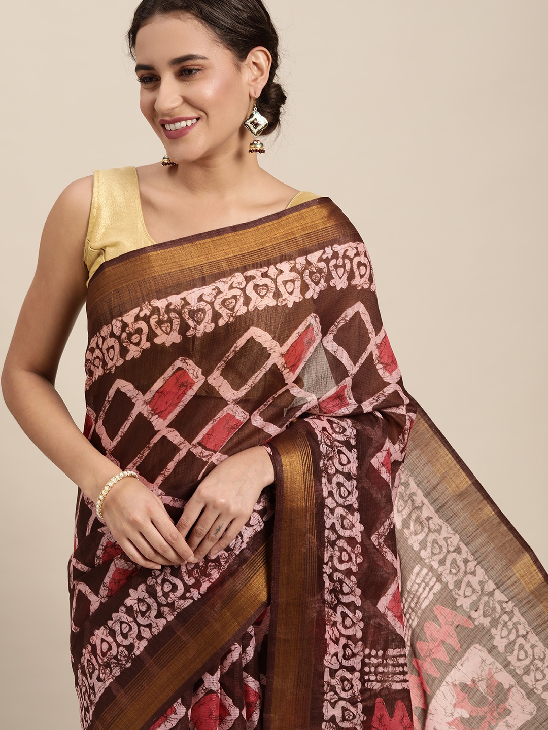 

KALINI Brown & Red Ethnic Motifs Print Saree with Blouse Piece