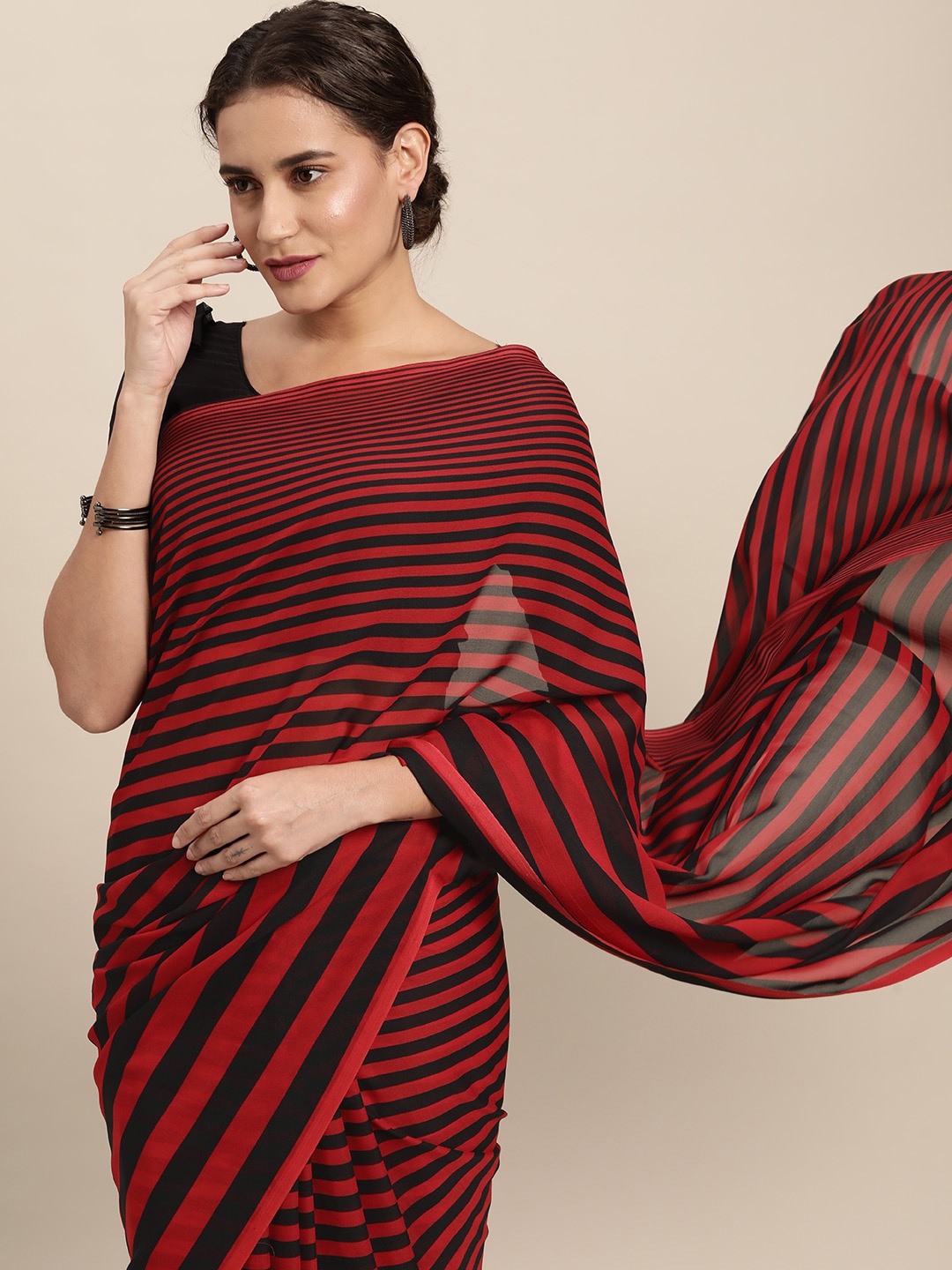 

KALINI Red & Black Striped Saree with Blouse Piece