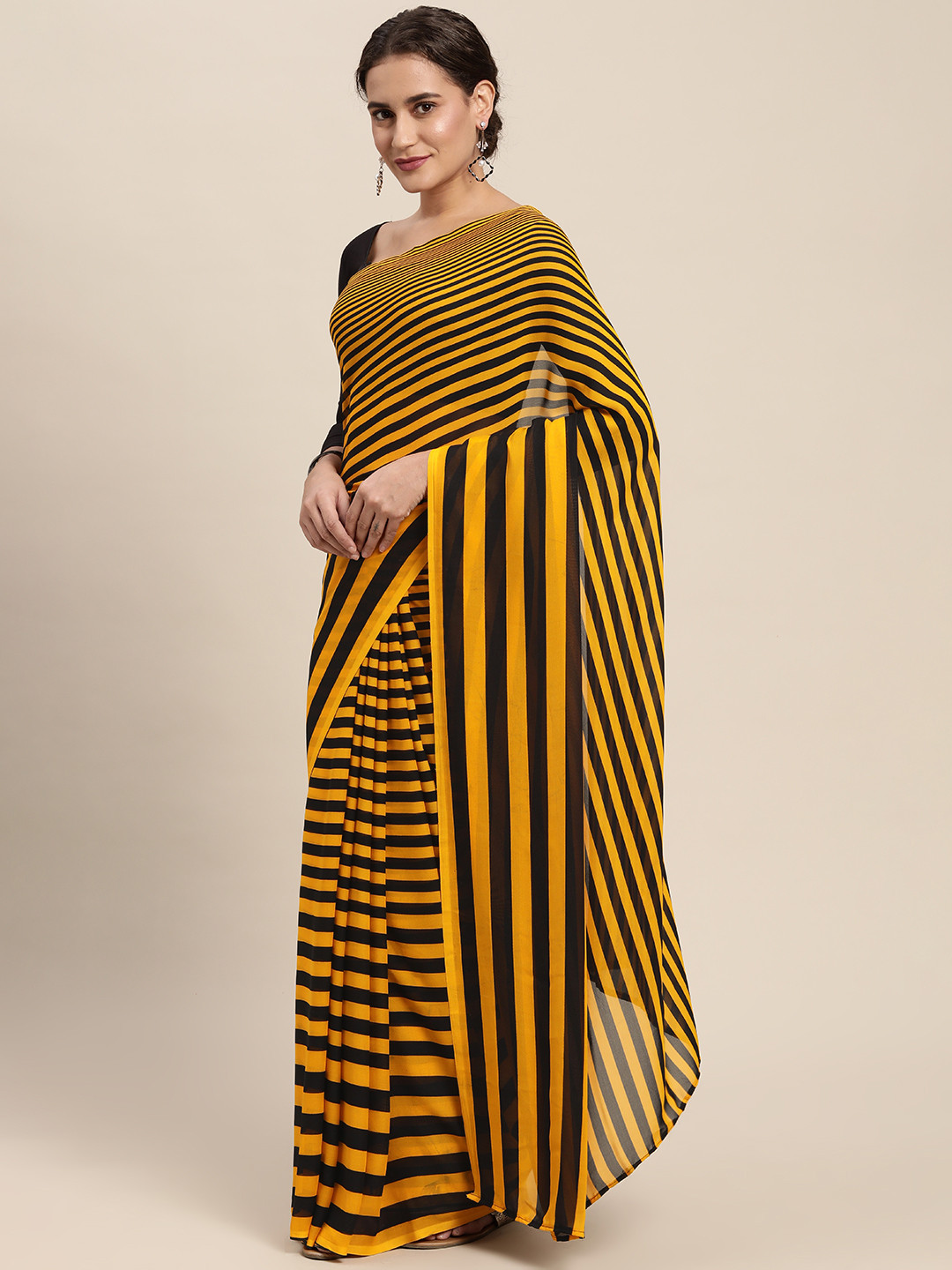 

KALINI Yellow & Black Striped Saree with Blouse Piece