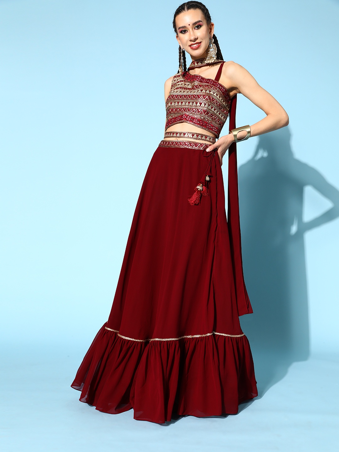 

Kvsfab Charming Maroon Embroidered Ready to Wear Lehenga Choli with Dupatta