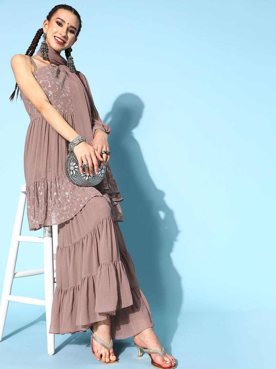 

Kvsfab Floral Poly Georgette Swirling Volume Kurta Set, Brown