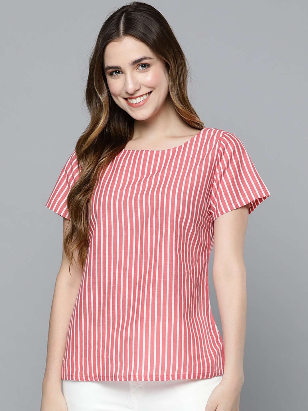 HERE&NOW Pink & White Round Neck Striped Top