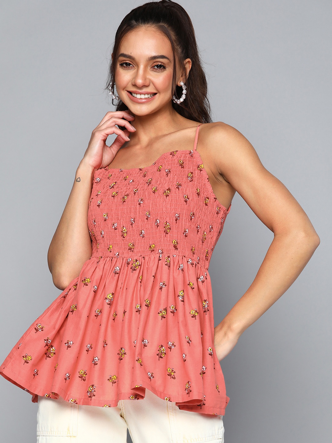 

HERE&NOW Women Pink Pure Cotton Floral Print Smocked A-Line Top